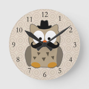 Owl with Moustache and Hat Round Clock