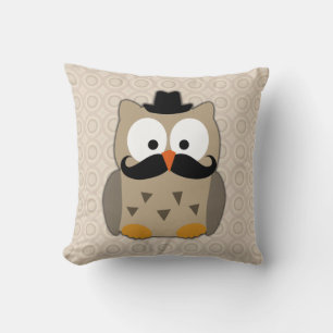 Owl with Moustache and Hat Throw Pillow