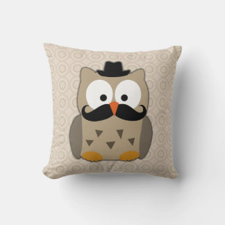 Owl with Moustache and Hat Throw Pillow