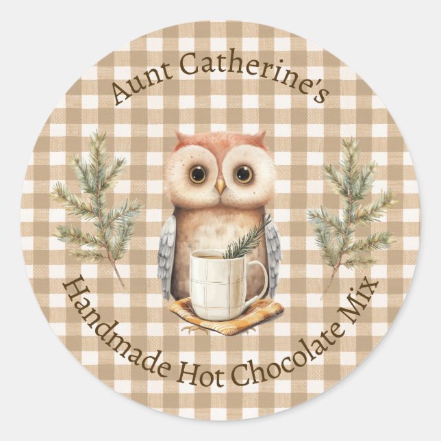 Owl with Mug Brown Gingham Hot Cocoa Mix Label (Front)