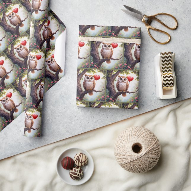 Owl With Red Heart Balloon Wrapping Paper (Crafts)