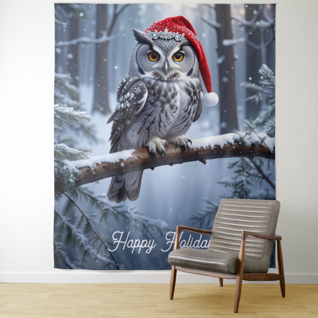 Owl with Santa Hat Backdrop Tapestry (In Situ)