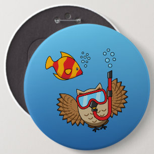 Owl with Snorkel Mask and Tropical Fish 6 Inch Round Button