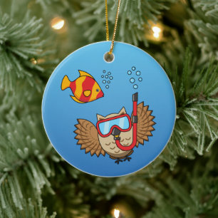 Owl with Snorkel Mask and Tropical Fish Ceramic Ornament