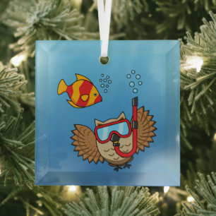 Owl with Snorkel Mask and Tropical Fish Glass Ornament