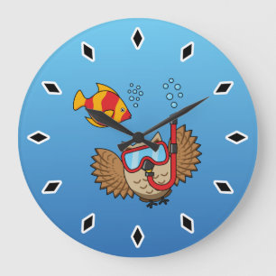 Owl with Snorkel Mask and Tropical Fish Large Clock