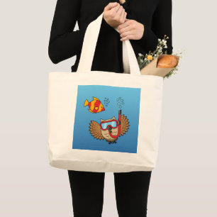 Owl with Snorkel Mask and Tropical Fish Large Tote Bag