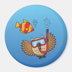 Owl with Snorkel Mask and Tropical Fish Magnet