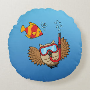 Owl with Snorkel Mask and Tropical Fish Round Pillow
