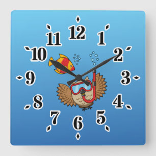 Owl with Snorkel Mask and Tropical Fish Square Wall Clock