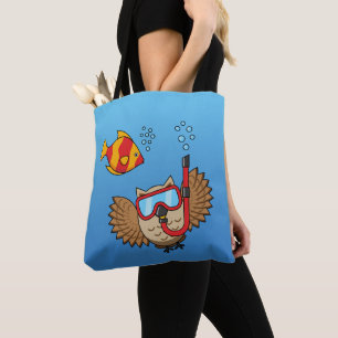 Owl with Snorkel Mask and Tropical Fish Tote Bag