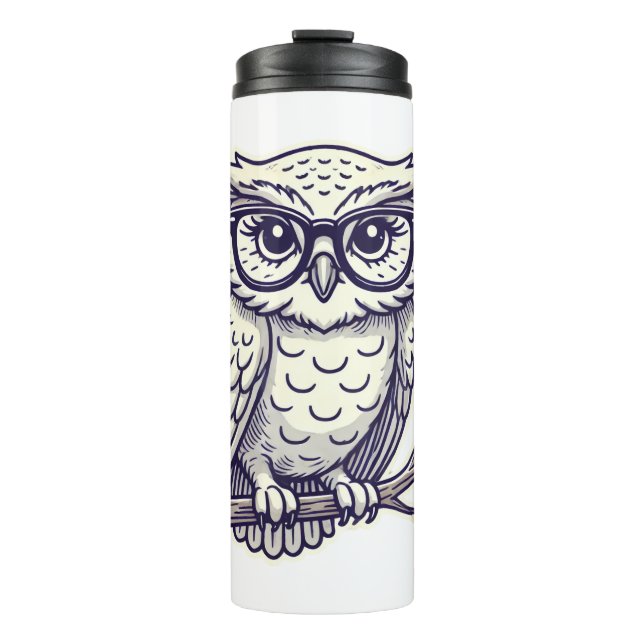 Owl with Tiny Reading Glasses on a Branch Thermal Tumbler (Front)
