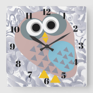 Owl with watercolor grey square wall clock