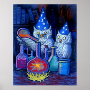 Owl Wizards Magic alchemy whimsical funny poster