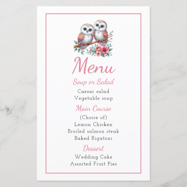 Owl Woodland Boho Rustic Country Wedding Menu (Front)