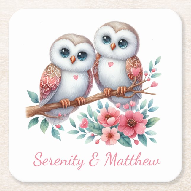 Owl Woodland Boho Rustic Country Wedding Square Paper Coaster (Front)