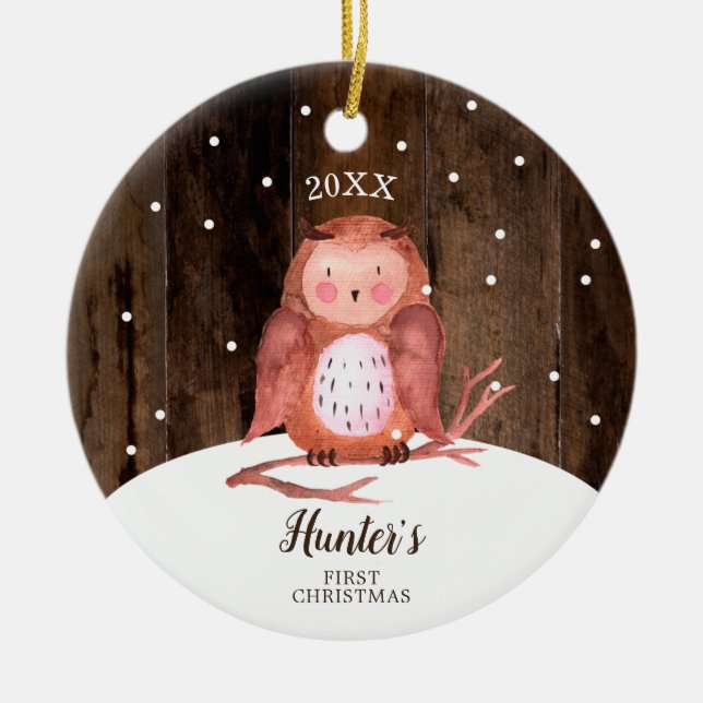 Owl Woodland Personalized Baby's First Christmas Ceramic Ornament (Front)