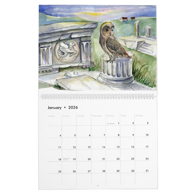 Owl zodiac fantasy watercolors calendar (Jan 2026)