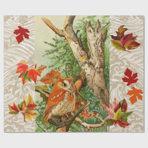 OWLS AMONG FALL LEAVES IN WOODLAND WRAPPING PAPER