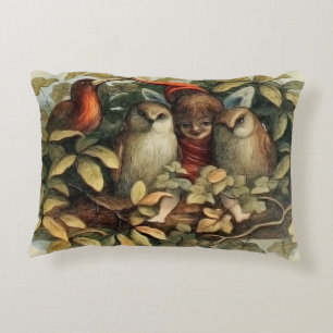 Owls and Elf Fairies Nature Illustration Accent Pillow