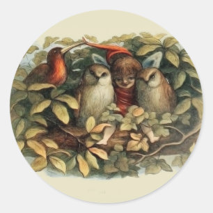 Owls and Elf Fairies Nature Illustration Classic Round Sticker