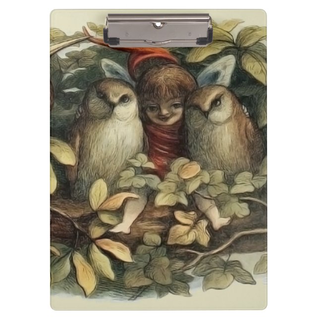 Owls and Elf Fairies Nature Illustration Clipboard (Front)