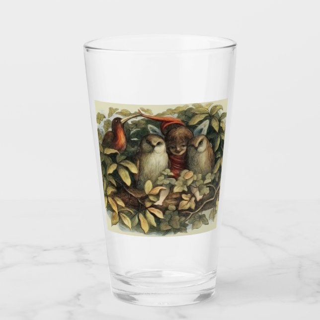 Owls and Elf Fairies Nature Illustration Glass (Front)