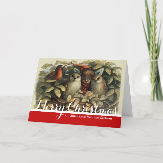 Owls and Elf Fairies Nature Illustration Holiday Card (Front)