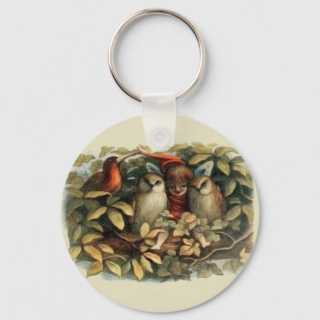 Owls and Elf Fairies Nature Illustration Keychain (Front)
