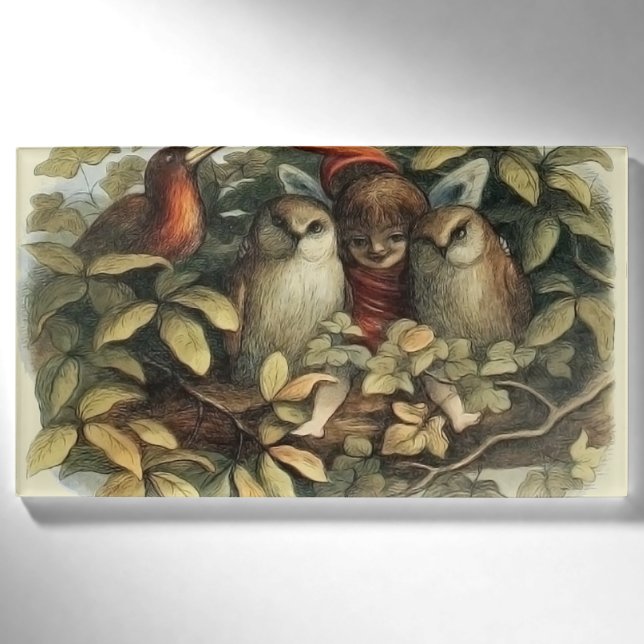 Owls and Elf Fairies Nature Illustration Name Tag (Front)