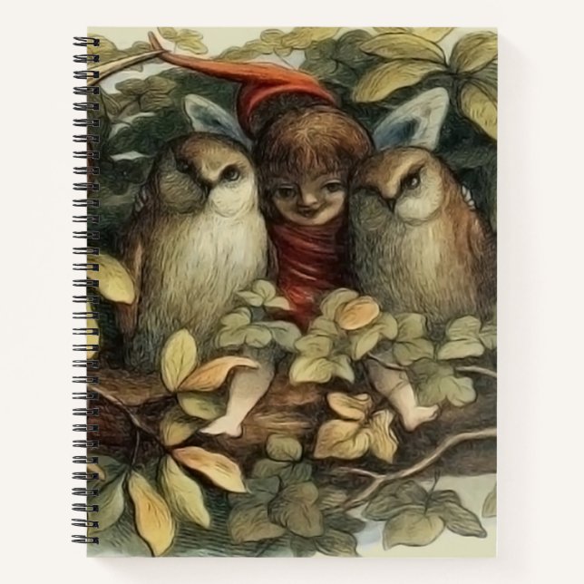Owls and Elf Fairies Nature Illustration Notebook (Front)