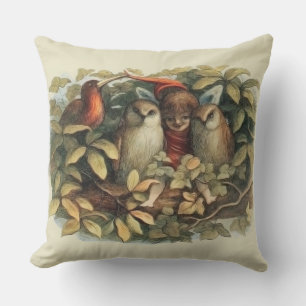 Owls and Elf Fairies Nature Illustration Outdoor Pillow