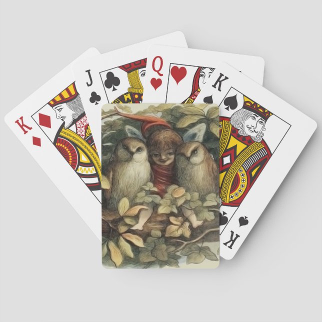 Owls and Elf Fairies Nature Illustration Playing Cards (Back)