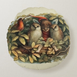 Owls and Elf Fairies Nature Illustration Round Pillow