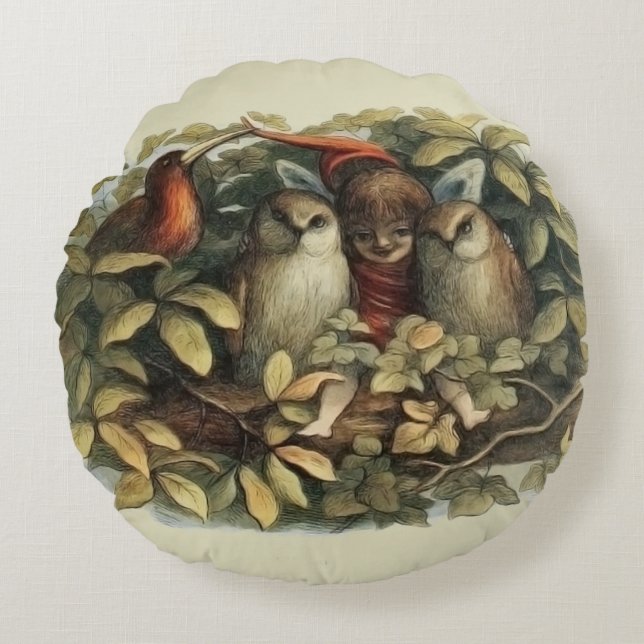 Owls and Elf Fairies Nature Illustration Round Pillow (Front)
