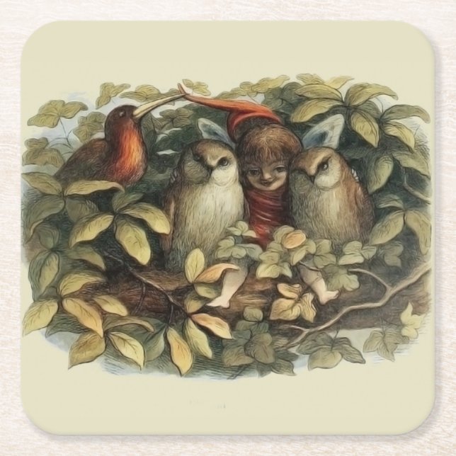 Owls and Elf Fairies Nature Illustration Square Paper Coaster (Front)