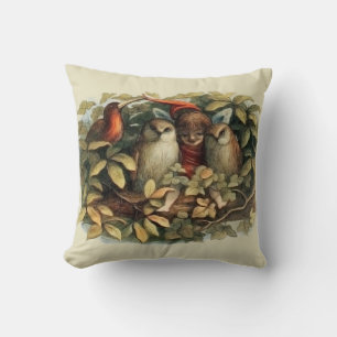 Owls and Elf Fairies Nature Illustration Throw Pillow