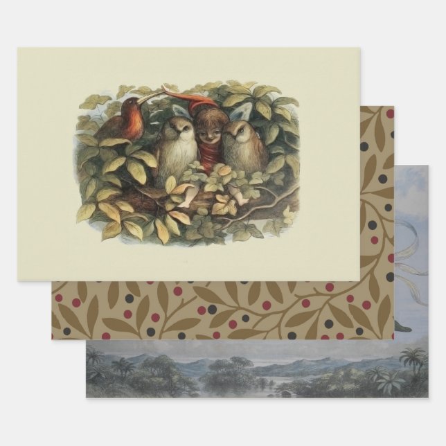 Owls and Elf Fairies Nature Illustration Wrapping Paper Sheet (Set)