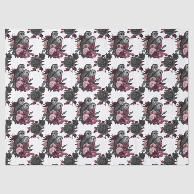 Owls and Flowers on White Decoupage Tissue Paper (Front)