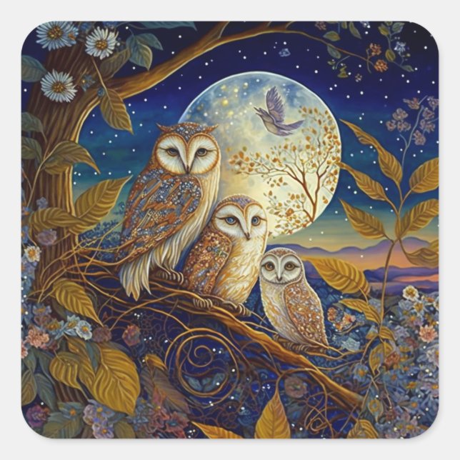 Owls At Dusk Under The Moon & Stars Square Sticker (Front)