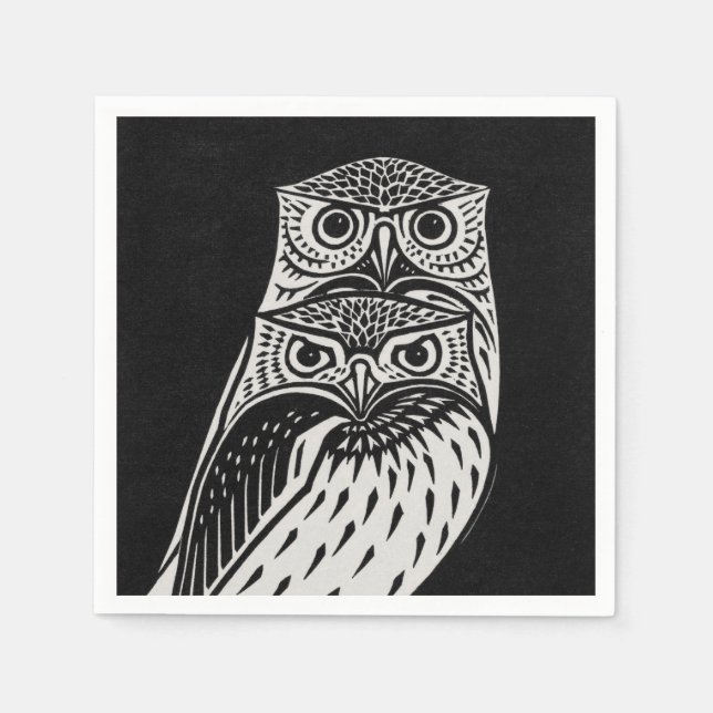 Owls Black and White Paper Napkins (Front)