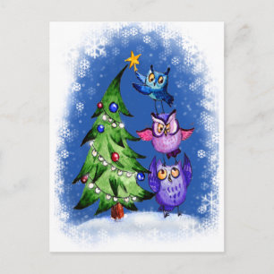 Owls Christmas blue Holiday Postcard