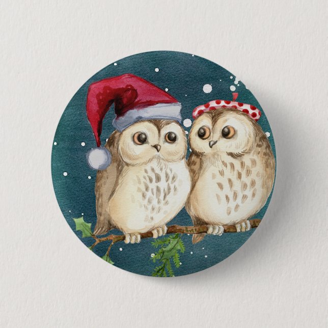 Owls Christmas Eve  Night Santa Red Hat  2 Inch Round Button (Front)