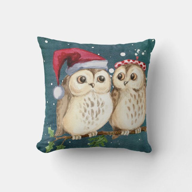 Owls Christmas Eve  Night Santa Red Hat  Throw Pillow (Front)