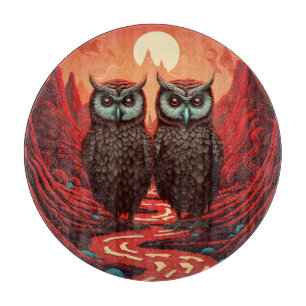 Owls couple on the mountains cutting board