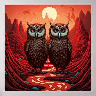 Owls couple on the mountains poster