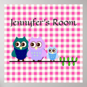 Owls Family in Pink Vichy Poster