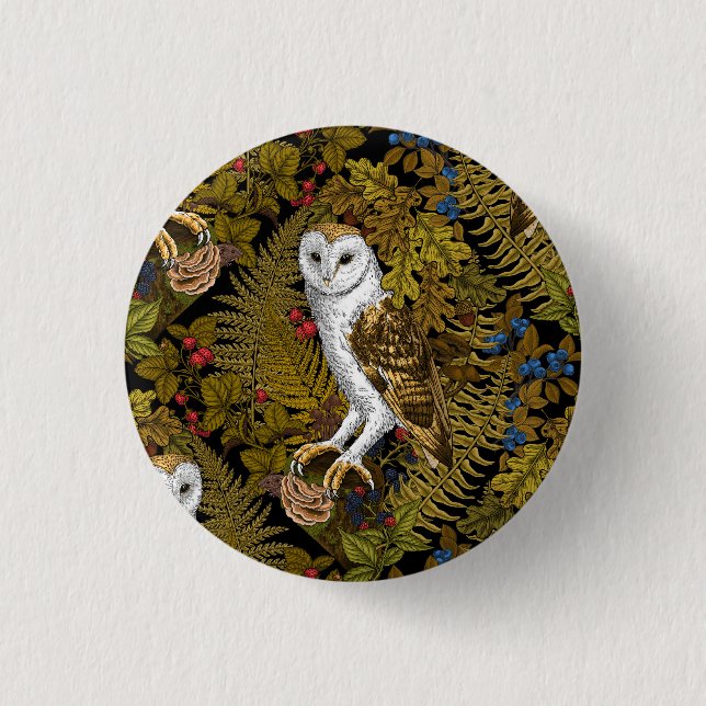 Owls, ferns, oak and berries 2 1 inch round button (Front)