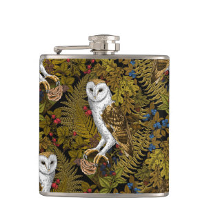 Owls, ferns, oak and berries 2 hip flask