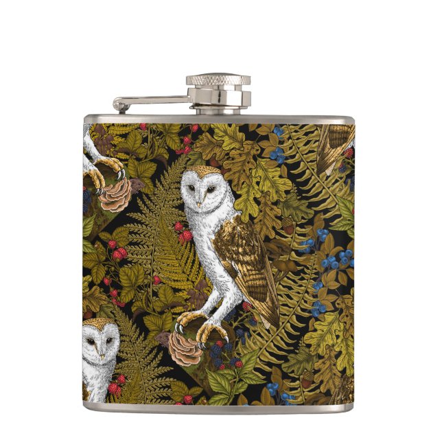 Owls, ferns, oak and berries 2 hip flask (Front)